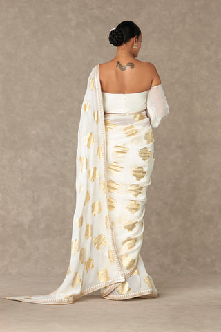 House Of Masaba-Gulaab Gold Foil Printed Sari And Unstitched Blouse-INDIASPOPUP.COM