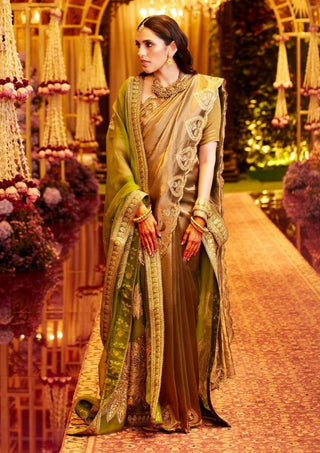 Green paan tissue sari with dupatta and blouse piece