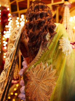 Green paan tissue sari with dupatta and blouse piece