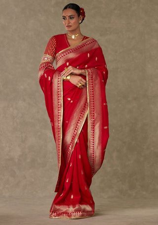 House Of Masaba-Red Haath Phool Sari And Unstitched Blouse-INDIASPOPUP.COM