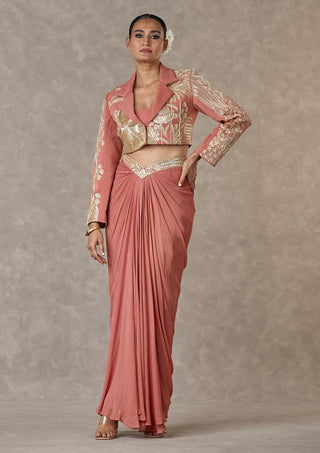 House Of Masaba-Salmon Son-Chidiya Cropped Blazer And Skirt Set-INDIASPOPUP.COM