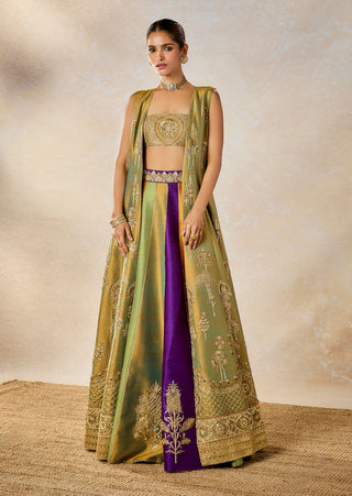 Multicolor kesar varak long jacket lehenga set