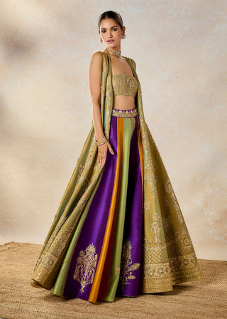 Multicolor kesar varak long jacket lehenga set