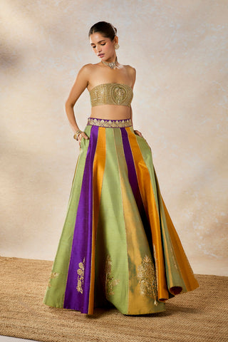 Multicolor kesar varak long jacket lehenga set