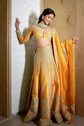 Imarti Ochre Lehenga Set by House Of Masaba, available on Indiaspopup.com