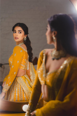 Imarti Ochre Lehenga Set by House Of Masaba, available on Indiaspopup.com