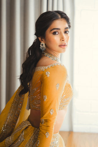 Imarti Ochre Lehenga Set by House Of Masaba, available on Indiaspopup.com