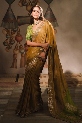 Gold Son Barfi Sari Set by House Of Masaba, available on Indiaspopup.com