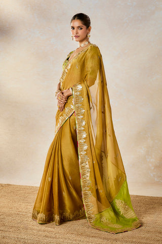 Gold son barfi sari and unstitched blouse