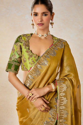 Gold son barfi sari and unstitched blouse