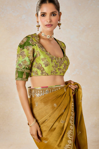 Gold son barfi sari and unstitched blouse