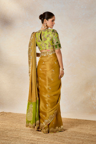 Gold son barfi sari and unstitched blouse