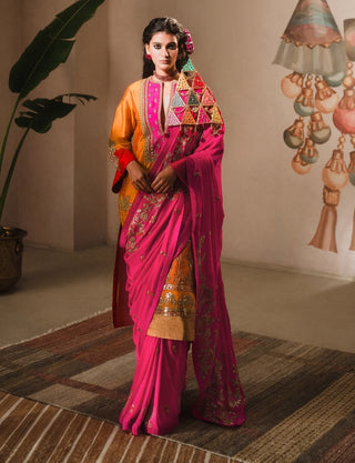 Hot Pink Orange Dillii 6 Sari And Kurta Set by House Of Masaba, available on Indiaspopup.com