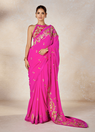 Hot pink orange dillii 6 sari and unstitched blouse