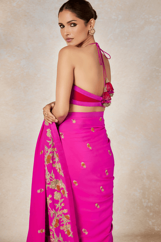 Hot pink orange dillii 6 sari and unstitched blouse