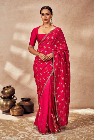 Pink Whispering Lily Crush Sari And Blouse by House Of Masaba, available on Indiaspopup.com