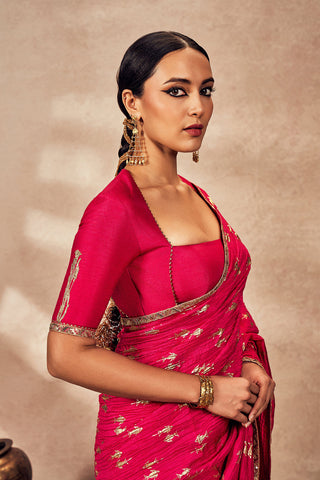 Pink Whispering Lily Crush Sari And Blouse by House Of Masaba, available on Indiaspopup.com