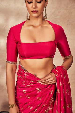 Pink Whispering Lily Crush Sari And Blouse by House Of Masaba, available on Indiaspopup.com