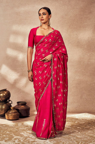 Pink Whispering Lily Crush Sari And Blouse by House Of Masaba, available on Indiaspopup.com