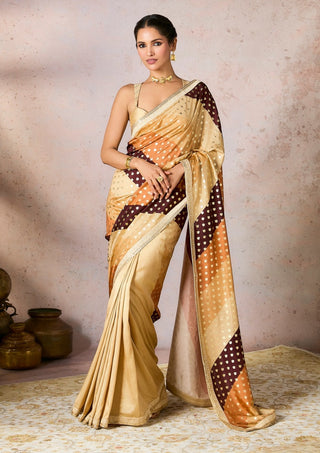 Beige Stripe Foil Sari And Blouse by House Of Masaba, available on Indiaspopup.com