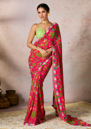 Pink tropical rhapsody sari and blouse