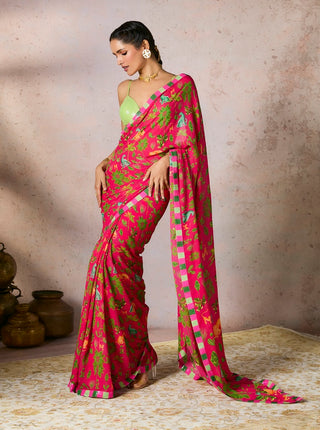 Pink Tropical Rhapsody Sari And Blouse by House Of Masaba, available on Indiaspopup.com