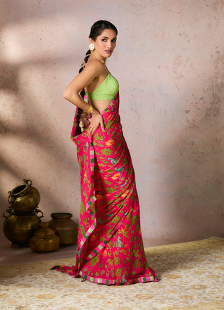 Pink tropical rhapsody sari and blouse