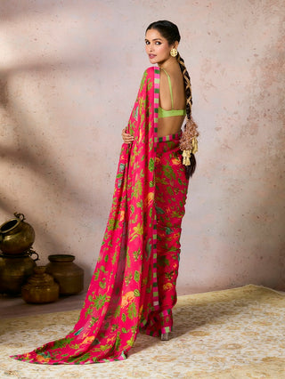 Pink Tropical Rhapsody Sari And Blouse by House Of Masaba, available on Indiaspopup.com