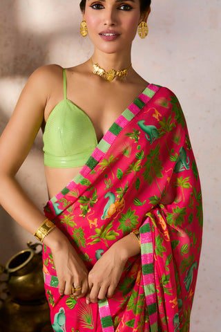 Pink Tropical Rhapsody Sari And Blouse by House Of Masaba, available on Indiaspopup.com