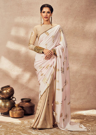 Beige And Pink Travelers Palm Sari And Blouse by House Of Masaba, available on Indiaspopup.com