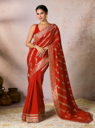 Red Jacquard Sari And Blouse by House Of Masaba, available on Indiaspopup.com