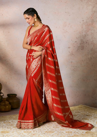 Red Jacquard Sari And Blouse by House Of Masaba, available on Indiaspopup.com