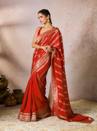 Red Jacquard Sari And Blouse by House Of Masaba, available on Indiaspopup.com