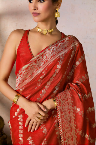 Red Jacquard Sari And Blouse by House Of Masaba, available on Indiaspopup.com