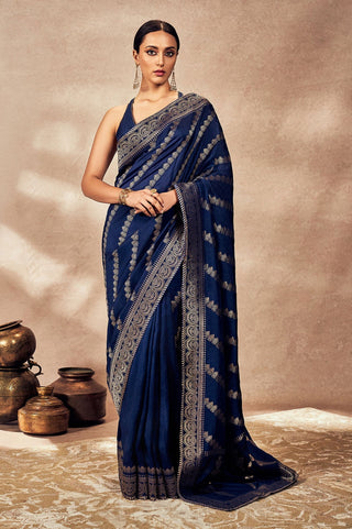 Navy Blue Jacquard Sari And Blouse by House Of Masaba, available on Indiaspopup.com