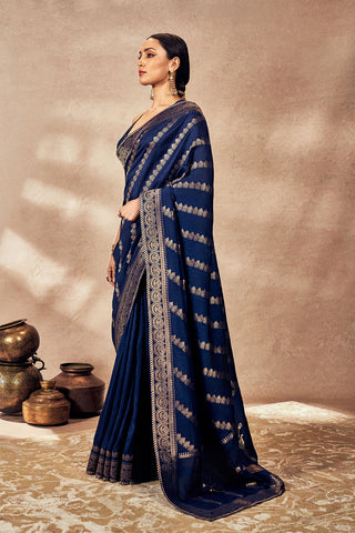 Navy Blue Jacquard Sari And Blouse by House Of Masaba, available on Indiaspopup.com