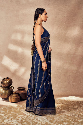 Navy Blue Jacquard Sari And Blouse by House Of Masaba, available on Indiaspopup.com