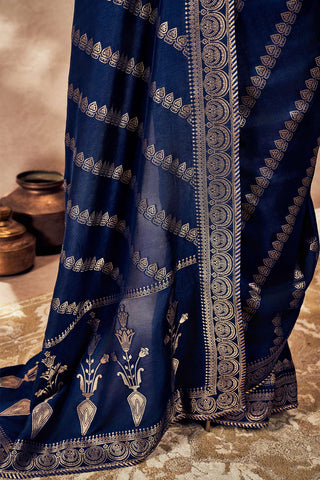 Navy Blue Jacquard Sari And Blouse by House Of Masaba, available on Indiaspopup.com