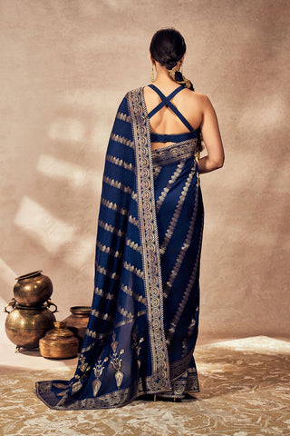 Navy Blue Jacquard Sari And Blouse by House Of Masaba, available on Indiaspopup.com