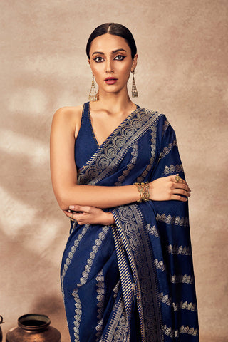 Navy Blue Jacquard Sari And Blouse by House Of Masaba, available on Indiaspopup.com