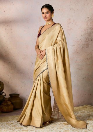 Beige Jacquard Sari And Blouse by House Of Masaba, available on Indiaspopup.com