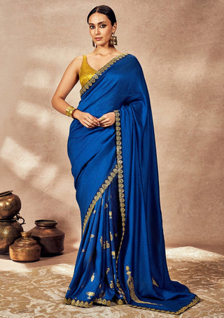 Blue Potters Touch Sari And Blouse by House Of Masaba, available on Indiaspopup.com