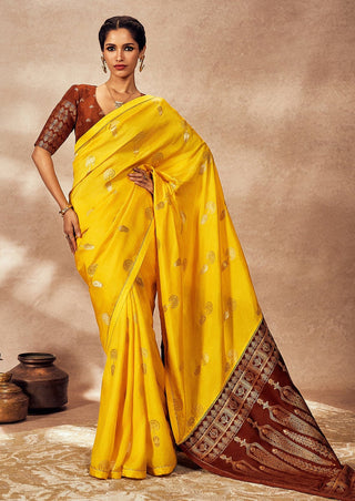 Brown and yellow jacquard sari and blouse