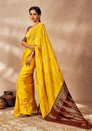 Brown and yellow jacquard sari and blouse