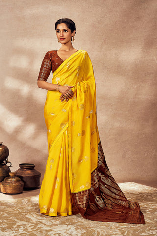 Brown and yellow jacquard sari and blouse