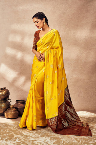 Brown and yellow jacquard sari and blouse