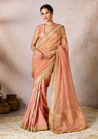 Peach palm blooms tissue sari and blouse