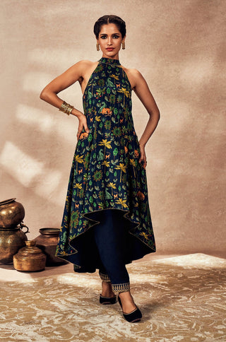 Blue Tropical Rhapsody Halter Neck Tunic And Pants by House Of Masaba, available on Indiaspopup.com