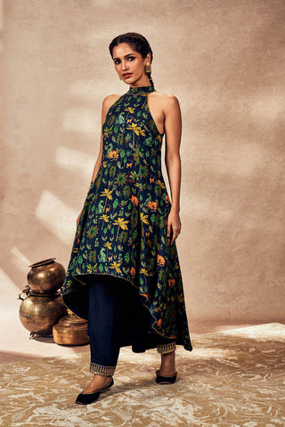 Blue Tropical Rhapsody Halter Neck Tunic And Pants by House Of Masaba, available on Indiaspopup.com