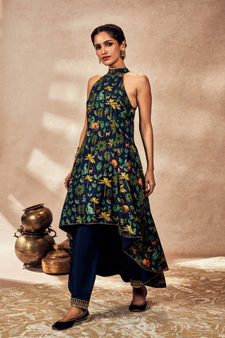 Blue Tropical Rhapsody Halter Neck Tunic And Pants by House Of Masaba, available on Indiaspopup.com